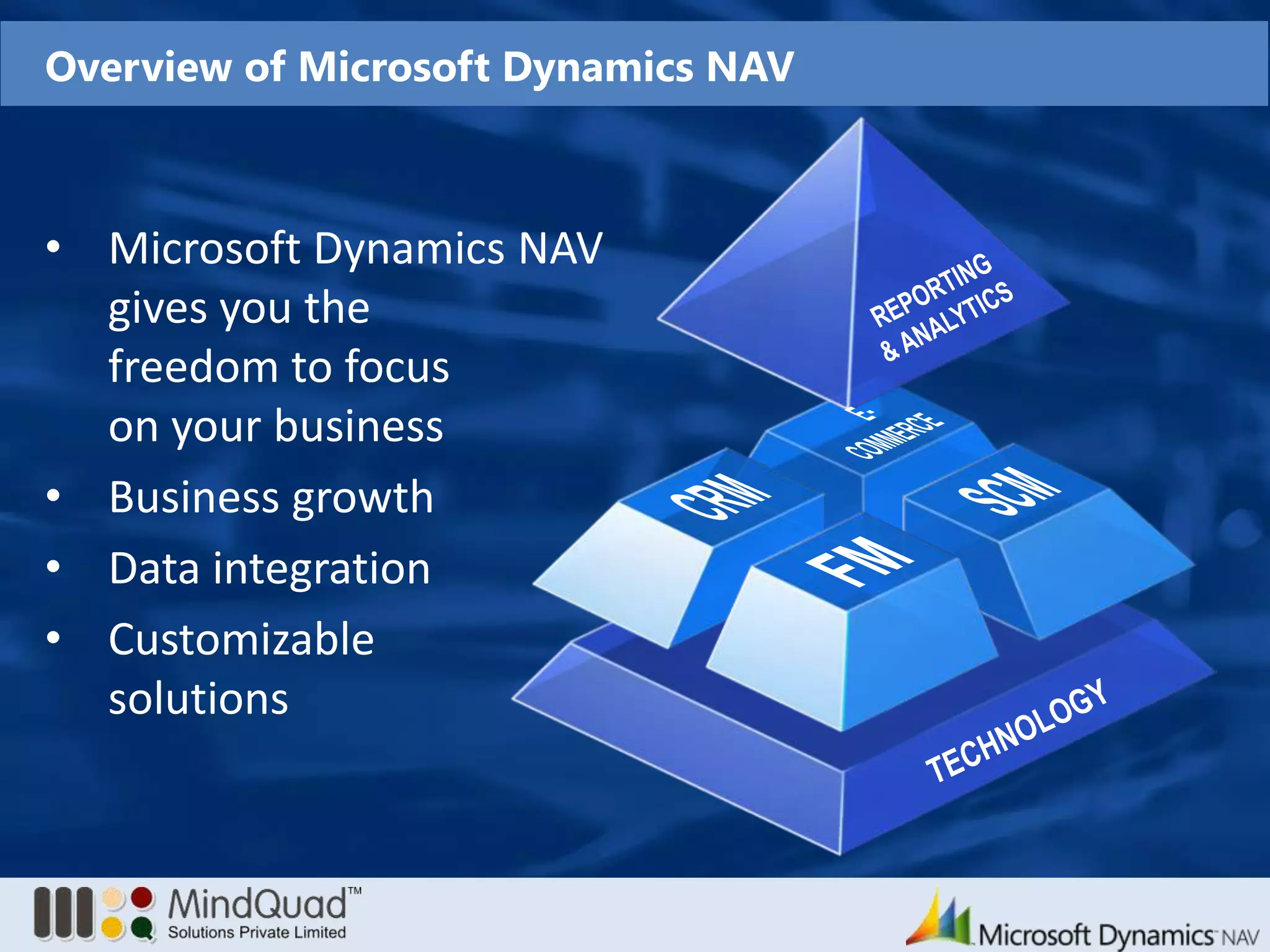 Overview of Microsoft Dynamics NAVMicrosoft Dynamics NAVgives you thefreedom to focuson your business