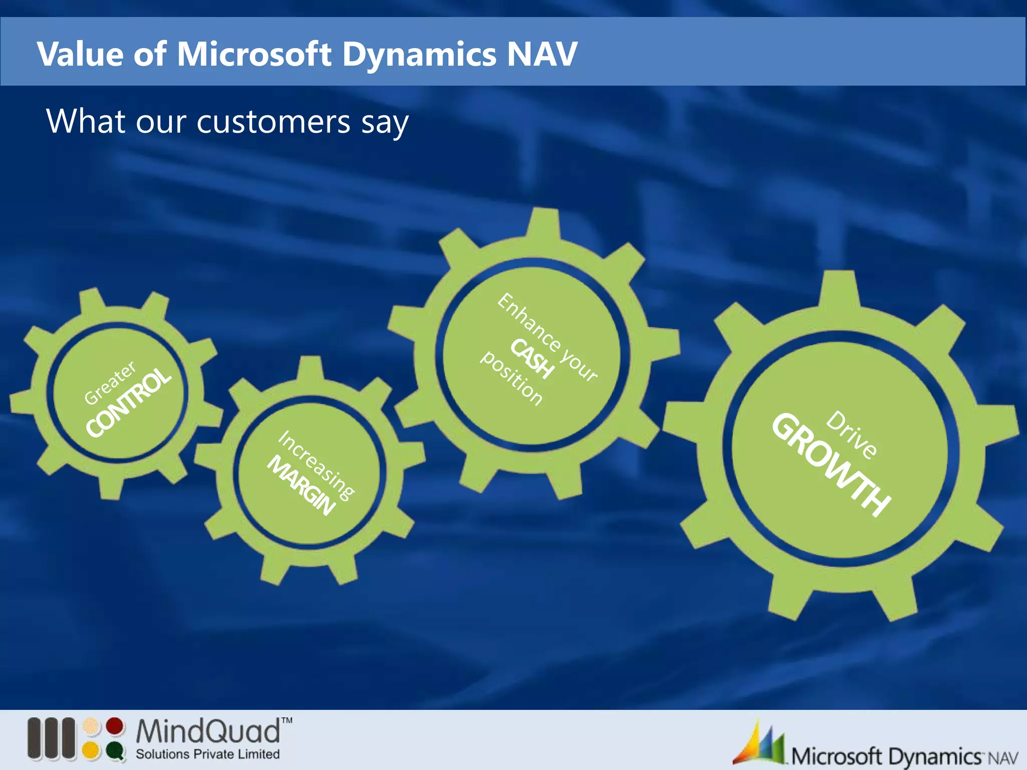 Reduce IT Costs – Extend ERP to new locations, integrate with legacy applications and customize easily.Microsoft Dynamics NAV – Right ERP for your businessMore Productive People and ProcessesImprove communication and collaboration throughout your organization by: