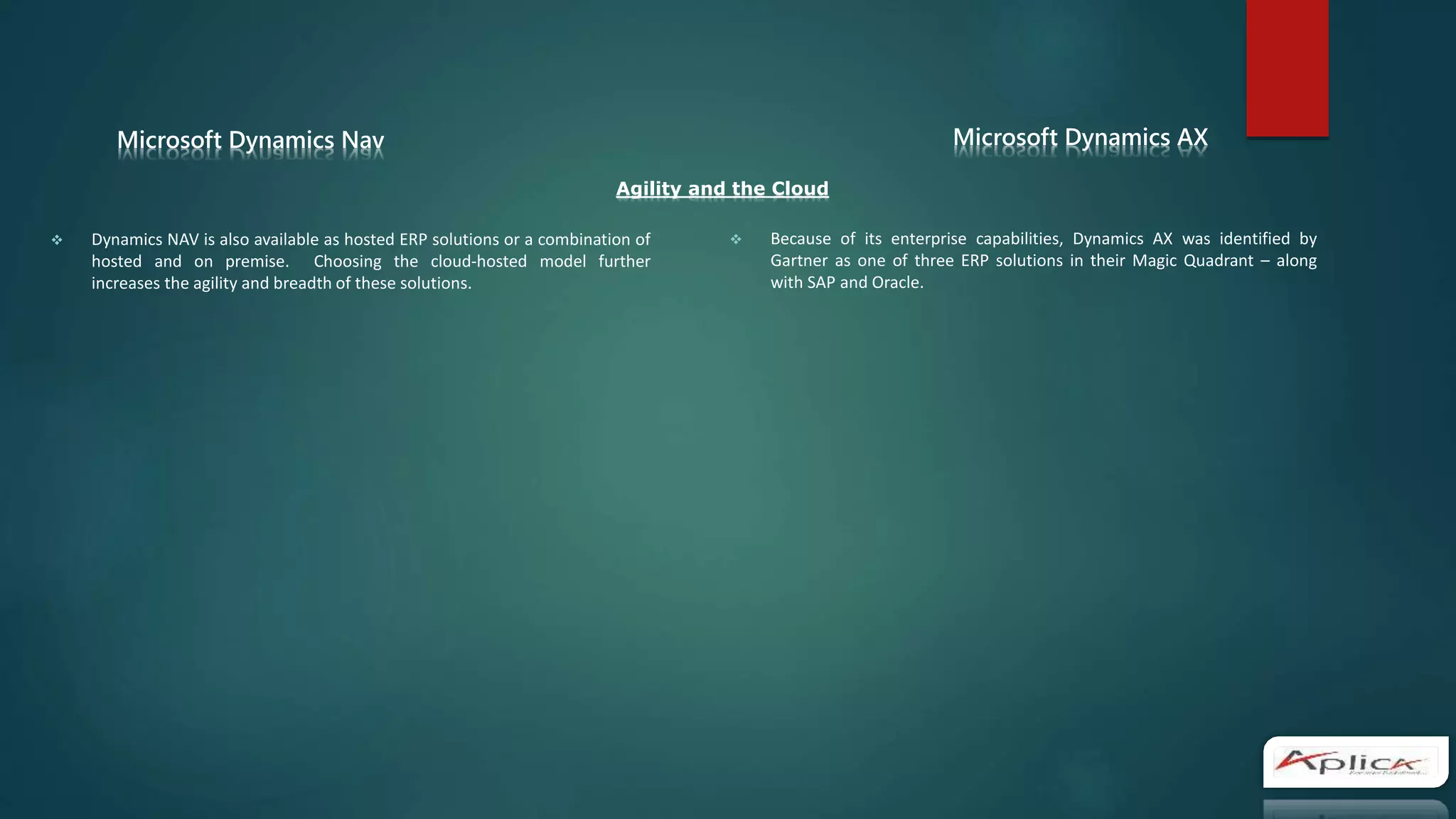 Microsoft Dynamics Nav
 Dynamics NAV is also available as hosted ERP solutions or a combination of
hosted and on premise. Choosing the cloud-hosted model further
increases the agility and breadth of these solutions.
Microsoft Dynamics AX
 Because of its enterprise capabilities, Dynamics AX was identified by
Gartner as one of three ERP solutions in their Magic Quadrant – along
with SAP and Oracle.
Agility and the Cloud
 