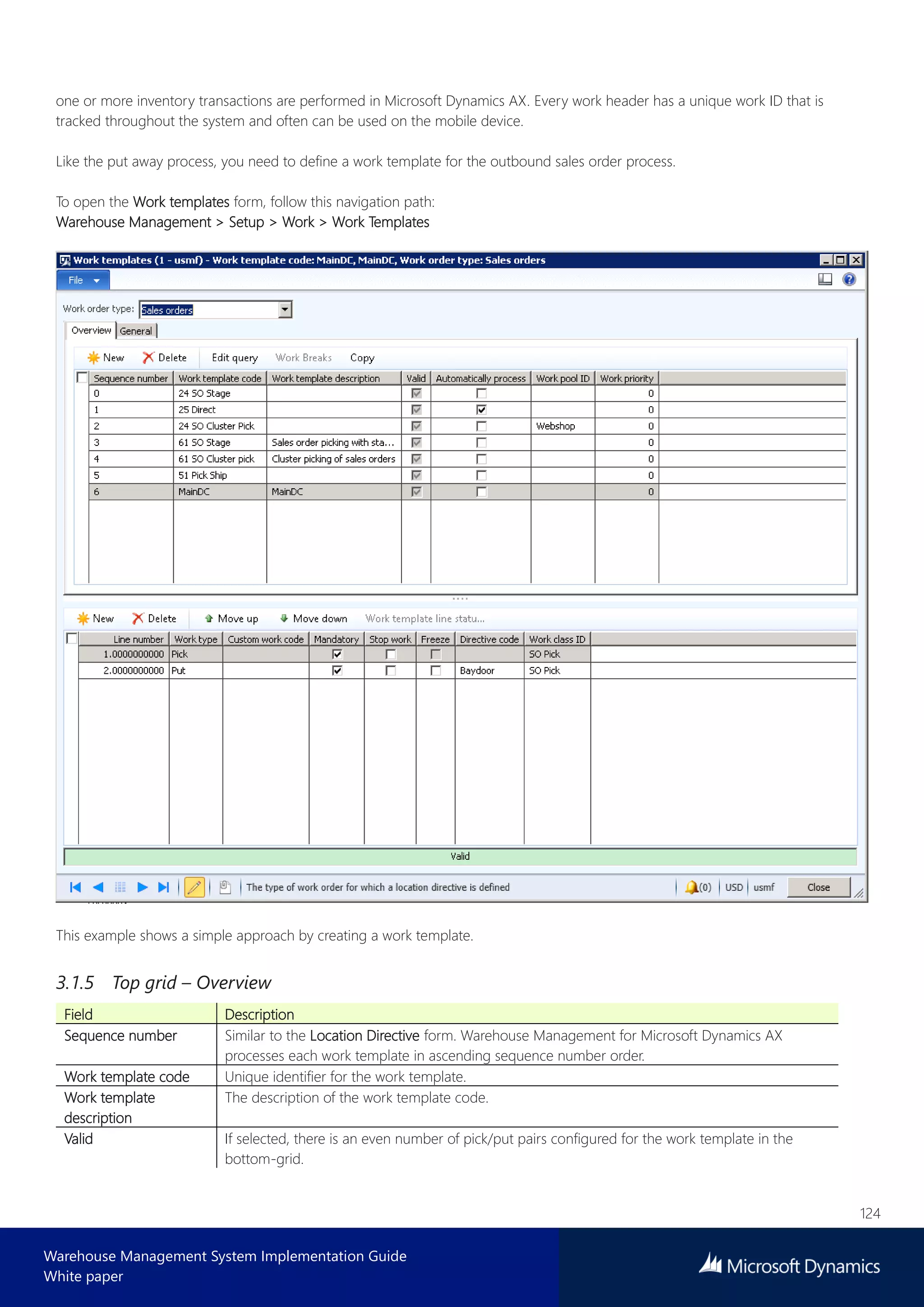 124
Warehouse Management System Implementation Guide
White paper
one or more inventory transactions are performed in Microsoft Dynamics AX. Every work header has a unique work ID that is
tracked throughout the system and often can be used on the mobile device.
Like the put away process, you need to define a work template for the outbound sales order process.
To open the Work templates form, follow this navigation path:
Warehouse Management > Setup > Work > Work Templates
This example shows a simple approach by creating a work template.
3.1.5 Top grid – Overview
Field Description
Sequence number Similar to the Location Directive form. Warehouse Management for Microsoft Dynamics AX
processes each work template in ascending sequence number order.
Work template code Unique identifier for the work template.
Work template
description
The description of the work template code.
Valid If selected, there is an even number of pick/put pairs configured for the work template in the
bottom-grid.
 