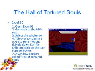 The Hall of Tortured Souls
• Excel 95
  1. Open Excel 95
  2. Go down to the 95th
  row
  3. Select the whole row
  4. Tab over to column B
  5. Go to Help > About
  6. Hold down Ctrl-Alt-
  Shift and click on the tech
  support button
  7. A window appears
  called "Hall of Tortured
  souls"
 