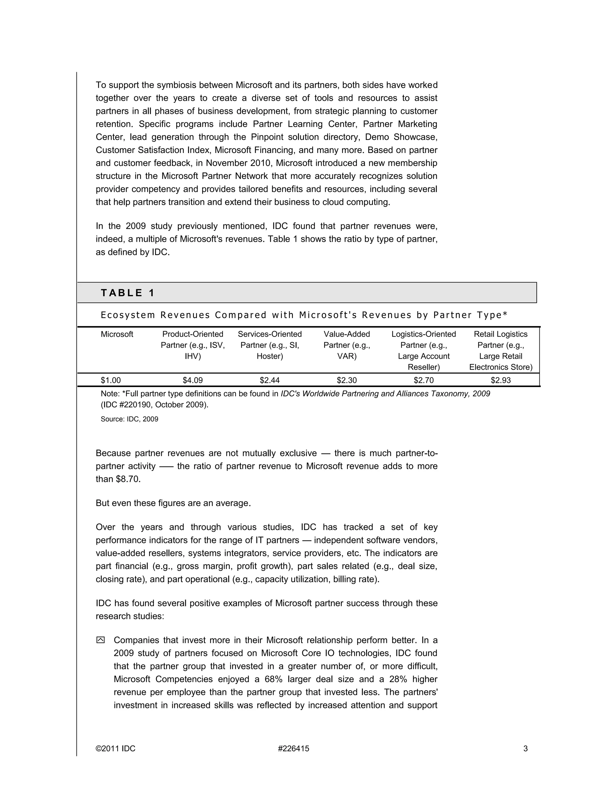 To support the symbiosis between Microsoft and its partners, both sides have worked
together over the years to create a diverse set of tools and resources to assist
partners in all phases of business development, from strategic planning to customer
retention. Specific programs include Partner Learning Center, Partner Marketing
Center, lead generation through the Pinpoint solution directory, Demo Showcase,
Customer Satisfaction Index, Microsoft Financing, and many more. Based on partner
and customer feedback, in November 2010, Microsoft introduced a new membership
structure in the Microsoft Partner Network that more accurately recognizes solution
provider competency and provides tailored benefits and resources, including several
that help partners transition and extend their business to cloud computing.

In the 2009 study previously mentioned, IDC found that partner revenues were,
indeed, a multiple of Microsoft's revenues. Table 1 shows the ratio by type of partner,
as defined by IDC.



 TABLE 1

 Ecosystem Revenues Compared with Microsoft's Revenues by Partner Type*

 Microsoft           Product-Oriented      Services-Oriented    Value-Added      Logistics-Oriented     Retail Logistics
                     Partner (e.g., ISV,   Partner (e.g., SI,   Partner (e.g.,     Partner (e.g.,        Partner (e.g.,
                           IHV)                 Hoster)             VAR)          Large Account           Large Retail
                                                                                     Reseller)         Electronics Store)
 $1.00                     $4.09                 $2.44             $2.30               $2.70                    $2.93
 Note: *Full partner type definitions can be found in IDC's Worldwide Partnering and Alliances Taxonomy, 2009
 (IDC #220190, October 2009).
 Source: IDC, 2009



Because partner revenues are not mutually exclusive — there is much partner-to-
partner activity —– the ratio of partner revenue to Microsoft revenue adds to more
than $8.70.

But even these figures are an average.

Over the years and through various studies, IDC has tracked a set of key
performance indicators for the range of IT partners — independent software vendors,
value-added resellers, systems integrators, service providers, etc. The indicators are
part financial (e.g., gross margin, profit growth), part sales related (e.g., deal size,
closing rate), and part operational (e.g., capacity utilization, billing rate).

IDC has found several positive examples of Microsoft partner success through these
research studies:

 Companies that invest more in their Microsoft relationship perform better. In a
  2009 study of partners focused on Microsoft Core IO technologies, IDC found
  that the partner group that invested in a greater number of, or more difficult,
  Microsoft Competencies enjoyed a 68% larger deal size and a 28% higher
  revenue per employee than the partner group that invested less. The partners'
  investment in increased skills was reflected by increased attention and support



©2011 IDC                                             #226415                                                           3
 