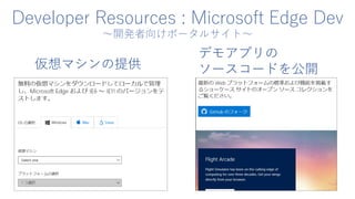 Developer Resources : Microsoft Edge Dev
～開発者向けポータルサイト～
仮想マシンの提供
デモアプリの
ソースコードを公開
 