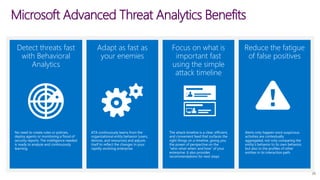Microsoft Advanced Threat Analytics Benefits
Detect threats fast
with Behavioral
Analytics
Adapt as fast as
your enemies
Focus on what is
important fast
using the simple
attack timeline
Reduce the fatigue
of false positives
No need to create rules or policies,
deploy agents or monitoring a flood of
security reports. The intelligence needed
is ready to analyze and continuously
learning.
ATA continuously learns from the
organizational entity behavior (users,
devices, and resources) and adjusts
itself to reflect the changes in your
rapidly-evolving enterprise.
The attack timeline is a clear, efficient,
and convenient feed that surfaces the
right things on a timeline, giving you
the power of perspective on the
“who-what-when-and how” of your
enterprise. It also provides
recommendations for next steps
Alerts only happen once suspicious
activities are contextually
aggregated, not only comparing the
entity’s behavior to its own behavior,
but also to the profiles of other
entities in its interaction path.
20
 