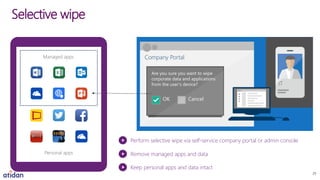 Personal apps
Selective wipe
Managed apps Company Portal
Are you sure you want to wipe
corporate data and applications
from the user’s device?
OK Cancel
Perform selective wipe via self-service company portal or admin console
Remove managed apps and data
Keep personal apps and data intact
ITIT
29
 