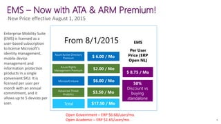 EMS – Now with ATA & ARM Premium!
From 8/1/2015
New Price effective August 1, 2015
Azure Active Directory
Premium $ 6.00 / Mo
Azure Rights
Management Premium $2.00 / Mo
Microsoft Intune $6.00 / Mo
Advanced Threat
Analytics
$3.50 / Mo
$ 8.75 / Mo
50%
Discount vs
buying
standalone
EMS
Per User
Price (ERP
Open NL)
Total $17.50 / Mo
9
Enterprise Mobility Suite
(EMS) is licensed as a
user-based subscription
to license Microsoft’s
identity management,
mobile device
management and
information protection
products in a single
convenient SKU. It is
licensed per user per
month with an annual
commitment, and it
allows up to 5 devices per
user.
 