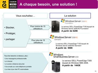 A chaque besoin, une solution !

                 Vous souhaitez…                                        La solution



                                       Pour moins de 15             Le serveur DELL PowerEdge T100 équipé de
• Stocker,                                utilisateurs              Windows Server 2008 R2 Foundation
                                                                    A partir de 629€
• Protéger,

• partager                                  Pour plus de 15
                                              utilisateurs
                                                              Le serveur DELL PowerEdge T100 équipé de
                                                              Windows Server 2008 R2 Standard
                                                              A partir de 998€


Tous les besoins ci-dessus, plus :
• Une messagerie professionnelle
• un intranet                                                        Le serveur DELL PowerEdge T300
• un accès à distance sécurisé
                                                                     équipé de Windows SBS 2008.
• Vos emails sur votre téléphone portable
                                                                     A partir de 1443€
• La mise à jour des PC automatisée
                                                                                                               13
 