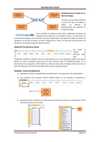 Introducción a Excel


Nombre del                                              Nombre del   Desplazarse por las hojas en un
 programa                                                programa    libro de trabajo.

                                                                     La manera más sencilla de moverse
                                                                     a través del libro de trabajo es
     Nombre del
                                                                     utilizar     los     botones   de
                                                      Nombre del
      programa                                         programa      desplazamiento, que aparecen en
                                                                     la siguiente figura:

                                  Estos controles no cambian la hoja activa, simplemente desplazan las
                                  etiquetas de las hojas que no se pueden mostrar. Si usted tiene a la
vista todas las etiquetas estos controles no surtirán ningún efecto. En la siguiente imagen se muestra un
ejemplo en el cual sólo se tiene a la vista la etiqueta de la “Hoja 1” en este caso estos controles nos
permitirán ver las hojas ocultas por falta de espacio.

INSERTAR TÍTULOS EN LA CELDA
                                                                                   Las celdas se
                                                                                   activan         al
                                                                                   presionar sobre
                                                                                   ellas           o
desplazarse mediante el teclado con los cursores (flechas), y es muy importante realizar una hoja de
cálculo de manera ordenada, puesto que una hoja contiene hasta 17.179.869.184 celdas. En un
documento corto o pequeño, es fácil localizar un dato concreto, pero en trabajos extensos resulta un
poco más laborioso. Para facilitar esta labor están los títulos de columna y fila.

GENERAR LISTAS AUTOMÁTICAS .
    a)   Ingresamos el primer y segunda dato consecutivo de la lista a generar en las celdas destino.

    b) Nos colocamos en la esquina inferior derecha damos un clic izquierdo y procedemos a
       arrastrar.




                                           a) punto
                                               se
                                          inserción



    c)   Automáticamente se generara una lista sea esta numérica o de texto se lo puede hacer con los
         días de la semana, con los meses.


                                                                                               b)




Compilado por: José Caicedo                                                                    Página 4
 