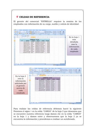 CELDAS DE REFERENCIA
El gerente del comercial ¨ESTRELLA¨ requiere la nomina de los
empleados con información de su cargo, sueldo y cedula de identidad.




                                                       En la hoja 1
                                                            esta
                                                         detallada
                                                          mas la
                                                       información
                                                          de cada
                                                        empleado




  En la hoja 2
     esta la
  información
 solicitada por
   el gerente
   acerca de
      cada
   empleado




Para realizar las celdas de referencia debemos hacer la siguiente
Ponemos el signo = en la celda ¨CARGO¨ de la hoja 2 que deseamos que
se encuentre nuestra referencia luego damos clic en la celda ¨CARGO¨
en la hoja 1 y damos enter y observaremos que la hoja 2 ya se
encuentra la información y procedemos a realizar un autollenado.
 