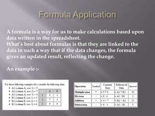 A formula is a way for us to make calculations based upon
data written in the spreadsheet.
What’s best about formulas is that they are linked to the
data in such a way that if the data changes, the formula
gives an updated result, reflecting the change.

An example :-
 