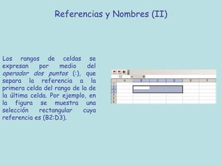 Referencias y Nombres (II)




Los rangos de celdas se
expresan     por    medio    del
operador dos puntos (:), que
separa la referencia a la
primera celda del rango de la de
la última celda. Por ejemplo, en
la figura se muestra una
selección    rectangular    cuya
referencia es (B2:D3).
 