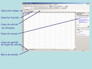 Selección celdas

Insertar función

Línea de edición
de fórmulas

Panel de tareas


Línea de gestión
de hojas de cálculo



Barra de estado
 
