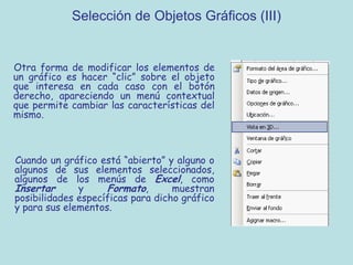 Selección de Objetos Gráficos (III)


Otra forma de modificar los elementos de
un gráfico es hacer “clic” sobre el objeto
que interesa en cada caso con el botón
derecho, apareciendo un menú contextual
que permite cambiar las características del
mismo.



Cuando un gráfico está “abierto” y alguno o
algunos de sus elementos seleccionados,
algunos de los menús de Excel, como
Insertar      y     Formato,       muestran
posibilidades específicas para dicho gráfico
y para sus elementos.
 
