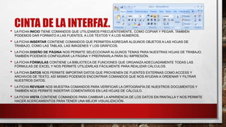 CINTA DE LA INTERFAZ.• LA FICHA INICIO TIENE COMANDOS QUE UTILIZAMOS FRECUENTEMENTE, COMO COPIAR Y PEGAR. TAMBIÉN
PODEMOS DAR FORMATO A LAS FUENTES, A LOS TEXTOS Y A LOS NÚMEROS.
• LA FICHA INSERTAR CONTIENE COMANDOS QUE PERMITEN AGREGAR ALGUNOS OBJETOS A LAS HOJAS DE
TRABAJO, COMO LAS TABLAS, LAS IMÁGENES Y LOS GRÁFICOS.
• LA FICHA DISEÑO DE PÁGINA NOS PERMITE SELECCIONAR ALGUNOS TEMAS PARA NUESTRAS HOJAS DE TRABAJO.
TAMBIÉN PODEMOS CONFIGURAR LA PÁGINA Y PREPARARLA PARA SU IMPRESIÓN.
• LA FICHA FÓRMULAS CONTIENE LA BIBLIOTECA DE FUNCIONES QUE ORGANIZA ADECUADAMENTE TODAS LAS
FÓRMULAS DE EXCEL Y NOS PERMITE UTILIZARLAS FÁCILMENTE PARA REALIZAR CÁLCULOS.
• LA FICHA DATOS NOS PERMITE IMPORTAR DATOS QUE PROVIENEN DE FUENTES EXTERNAS COMO ACCESS Y
ARCHIVOS DE TEXTO. ASÍ MISMO PODEMOS ENCONTRAR COMANDOS QUE NOS AYUDAN A ORDENAR Y FILTRAR
NUESTROS DATOS.
• LA FICHA REVISAR NOS MUESTRA COMANDOS PARA VERIFICAR LA ORTOGRAFÍA DE NUESTROS DOCUMENTOS Y
TAMBIÉN NOS PERMITE INSERTAR COMENTARIOS EN LAS HOJAS DE CÁLCULO.
• LA FICHA VISTA CONTIENE COMANDOS PARA CAMBIAR LA APARIENCIA DE LOS DATOS EN PANTALLA Y NOS PERMITE
HACER ACERCAMIENTOS PARA TENER UNA MEJOR VISUALIZACIÓN.
 