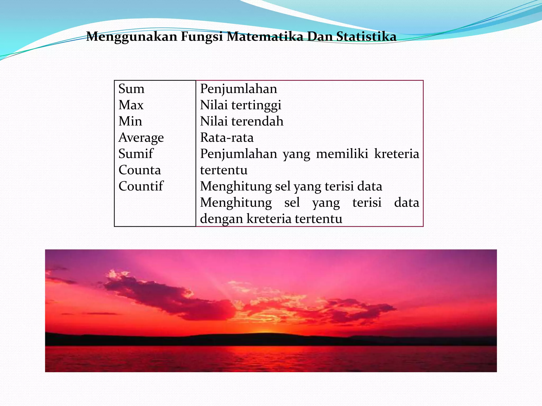Menggunakan Fungsi Matematika Dan Statistika

Sum
Max
Min
Average
Sumif
Counta
Countif

Penjumlahan
Nilai tertinggi
Nilai terendah
Rata-rata
Penjumlahan yang memiliki kreteria
tertentu
Menghitung sel yang terisi data
Menghitung sel yang terisi data
dengan kreteria tertentu

 