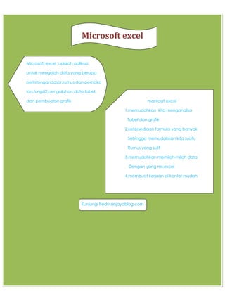 Microsoft excel
Microsoft excel adalah aplikasi
untuk mengolah data yang berupa
perhitungandasar,rumus,dan pemaka
ian,fungsi2,pengolahan data,tabel,
dan pembuatan grafik

manfaat excel
1.memudahkan kita menganalisa
Tabel dan grafik
2.ketersediaan formula yang banyak
Sehingga memudahkan kita suatu
Rumus yang sulit
3.memudahkan memilah-milah data
Dengan yang ms.excel
4.membuat kerjaan di kantor mudah

Kunjungi fredysanjayablog.com

 