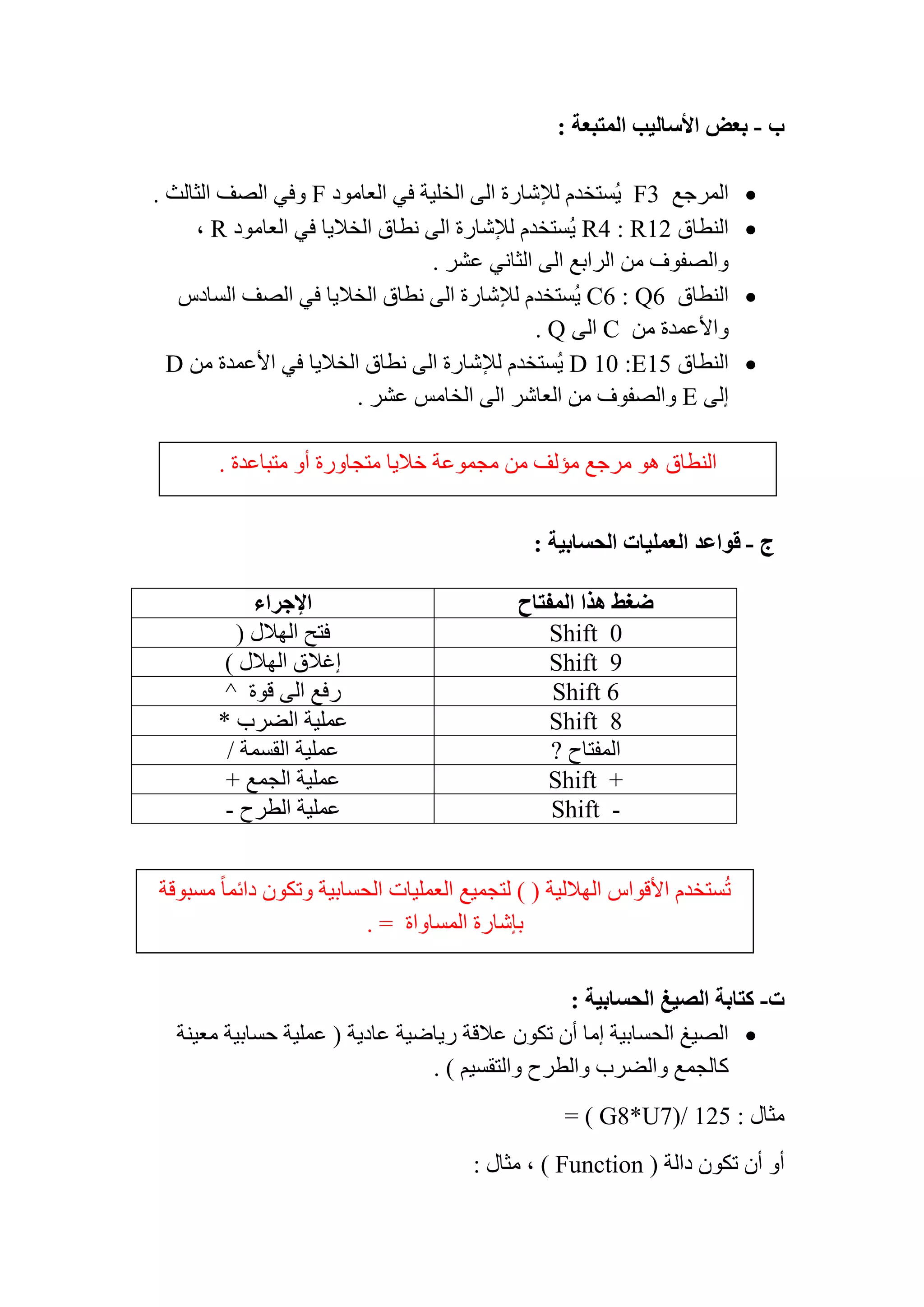 ‫ﺏ‬-: ‫ﺍﻟﻤﺘﺒﻌﺔ‬ ‫ﺍﻷﺳﺎﻟﻴﺐ‬ ‫ﺑﻌﺾ‬
•‫ﺍﻟﻤﺮﺟﻊ‬F3‫ﺍﻟﻌﺎﻣﻮﺩ‬ ‫ﻓﻲ‬ ‫ﺍﻟﺨﻠﻴﺔ‬ ‫ﺍﻟﻰ‬ ‫ﻟﻺﺷﺎﺭﺓ‬ ‫ُﺴﺘﺨﺪﻡ‬‫ﻳ‬F. ‫ﺍﻟﺜﺎﻟﺚ‬ ‫ﺍﻟﺼﻒ‬ ‫ﻭﻓﻲ‬
•‫ﺍﻟﻨﻄﺎﻕ‬R12:R4‫ُﺴﺘﺨﺪﻡ‬‫ﻳ‬‫ﺍﻟﻌﺎﻣﻮﺩ‬ ‫ﻓﻲ‬ ‫ﺍﻟﺨﻼﻳﺎ‬ ‫ﻧﻄﺎﻕ‬ ‫ﺍﻟﻰ‬ ‫ﻟﻺﺷﺎﺭﺓ‬R،
. ‫ﻋﺸﺮ‬ ‫ﺍﻟﺜﺎﻧﻲ‬ ‫ﺍﻟﻰ‬ ‫ﺍﻟﺮﺍﺑﻊ‬ ‫ﻣﻦ‬ ‫ﻭﺍﻟﺼﻔﻮﻑ‬
•‫ﺍﻟﻨﻄﺎﻕ‬Q6:C6‫ﺍﻟﺴﺎﺩﺱ‬ ‫ﺍﻟﺼﻒ‬ ‫ﻓﻲ‬ ‫ﺍﻟﺨﻼﻳﺎ‬ ‫ﻧﻄﺎﻕ‬ ‫ﺍﻟﻰ‬ ‫ﻟﻺﺷﺎﺭﺓ‬ ‫ُﺴﺘﺨﺪﻡ‬‫ﻳ‬
‫ﻣﻦ‬ ‫ﻭﺍﻷﻋﻤﺪﺓ‬C‫ﺍﻟﻰ‬Q.
•‫ﺍﻟﻨﻄﺎﻕ‬E15:D 10‫ﻣﻦ‬ ‫ﺍﻷﻋﻤﺪﺓ‬ ‫ﻓﻲ‬ ‫ﺍﻟﺨﻼﻳﺎ‬ ‫ﻧﻄﺎﻕ‬ ‫ﺍﻟﻰ‬ ‫ﻟﻺﺷﺎﺭﺓ‬ ‫ُﺴﺘﺨﺪﻡ‬‫ﻳ‬D
‫ﺇﻟﻰ‬E. ‫ﻋﺸﺮ‬ ‫ﺍﻟﺨﺎﻣﺲ‬ ‫ﺍﻟﻰ‬ ‫ﺍﻟﻌﺎﺷﺮ‬ ‫ﻣﻦ‬ ‫ﻭﺍﻟﺼﻔﻮﻑ‬
‫ﺝ‬-: ‫ﺍﻟﺤﺴﺎﺑﻴﺔ‬ ‫ﺍﻟﻌﻤﻠﻴﺎﺕ‬ ‫ﻗﻮﺍﻋﺪ‬
‫ﺍﻟﻤﻔﺘﺎﺡ‬ ‫ﻫﺬﺍ‬ ‫ﺿﻐﻂ‬‫ﺍﻹﺟﺮﺍء‬
Shift 0) ‫ﺍﻟﻬﻼﻝ‬ ‫ﻓﺘﺢ‬
Shift 9‫ﺇﻏﻼﻕ‬( ‫ﺍﻟﻬﻼﻝ‬
Shift 6^ ‫ﻗﻮﺓ‬ ‫ﺍﻟﻰ‬ ‫ﺭﻓﻊ‬
Shift 8* ‫ﺍﻟﻀﺮﺏ‬ ‫ﻋﻤﻠﻴﺔ‬
‫ﺍﻟﻤﻔﺘﺎﺡ‬?‫ﺍﻟﻘﺴﻤﺔ‬ ‫ﻋﻤﻠﻴﺔ‬/
Shift ++ ‫ﺍﻟﺠﻤﻊ‬ ‫ﻋﻤﻠﻴﺔ‬
Shift -‫ﺍﻟﻄﺮﺡ‬ ‫ﻋﻤﻠﻴﺔ‬-
‫ﺕ‬-‫ﺍﻟﺼﻴﻎ‬ ‫ﻛﺘﺎﺑﺔ‬: ‫ﺍﻟﺤﺴﺎﺑﻴﺔ‬
•‫ﺗﻜﻮﻥ‬ ‫ﺃﻥ‬ ‫ﺇﻣﺎ‬ ‫ﺍﻟﺤﺴﺎﺑﻴﺔ‬ ‫ﺍﻟﺼﻴﻎ‬‫ﻣﻌﻴﻨﺔ‬ ‫ﺣﺴﺎﺑﻴﺔ‬ ‫ﻋﻤﻠﻴﺔ‬ ) ‫ﻋﺎﺩﻳﺔ‬ ‫ﺭﻳﺎﺿﻴﺔ‬ ‫ﻋﻼﻗﺔ‬
. ( ‫ﻭﺍﻟﺘﻘﺴﻴﻢ‬ ‫ﻭﺍﻟﻄﺮﺡ‬ ‫ﻭﺍﻟﻀﺮﺏ‬ ‫ﻛﺎﻟﺠﻤﻊ‬
: ‫ﻣﺜﺎﻝ‬= ( G8*U7)/ 125
‫ﺩﺍﻟﺔ‬ ‫ﺗﻜﻮﻥ‬ ‫ﺃﻥ‬ ‫ﺃﻭ‬( Function ): ‫ﻣﺜﺎﻝ‬ ،
. ‫ﻣﺘﺒﺎﻋﺪﺓ‬ ‫ﺃﻭ‬ ‫ﻣﺘﺠﺎﻭﺭﺓ‬ ‫ﺧﻼﻳﺎ‬ ‫ﻣﺠﻤﻮﻋﺔ‬ ‫ﻣﻦ‬ ‫ﻣﺆﻟﻒ‬ ‫ﻣﺮﺟﻊ‬ ‫ﻫﻮ‬ ‫ﺍﻟﻨﻄﺎﻕ‬
‫ﻣﺴﺒﻮﻗﺔ‬ ً‫ﺎ‬‫ﺩﺍﺋﻤ‬ ‫ﻭﺗﻜﻮﻥ‬ ‫ﺍﻟﺤﺴﺎﺑﻴﺔ‬ ‫ﺍﻟﻌﻤﻠﻴﺎﺕ‬ ‫ﻟﺘﺠﻤﻴﻊ‬ ( ) ‫ﺍﻟﻬﻼﻟﻴﺔ‬ ‫ﺍﻷﻗﻮﺍﺱ‬ ‫ﺴﺘﺨﺪﻡ‬ُ‫ﺗ‬
. = ‫ﺍﻟﻤﺴﺎﻭﺍﺓ‬ ‫ﺑﺈﺷﺎﺭﺓ‬
 