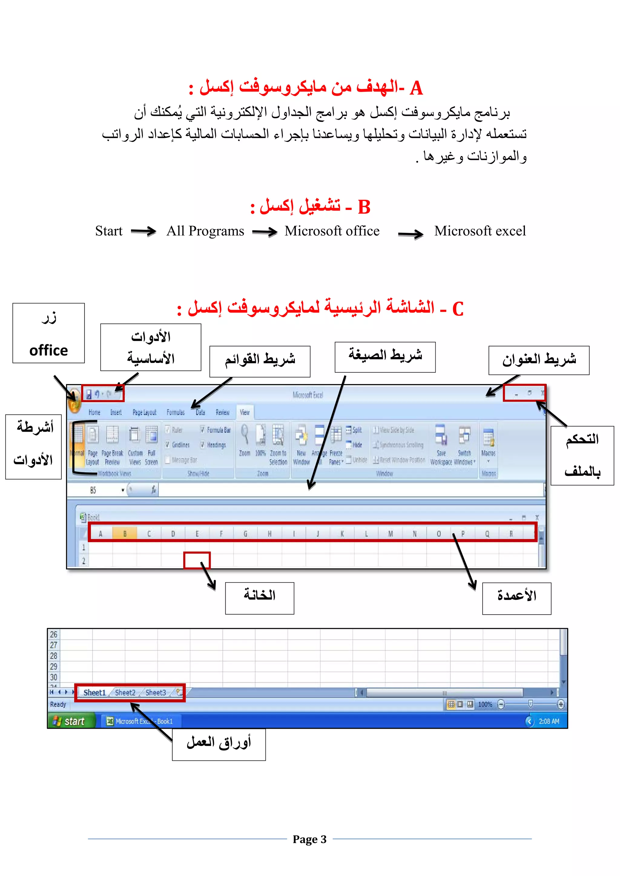 Page 3
- A: ‫ﺇﻛﺴﻞ‬ ‫ﻣﺎﻳﻜﺮﻭﺳﻮﻓﺖ‬ ‫ﻣﻦ‬ ‫ﺍﻟﻬﺪﻑ‬
‫ﺃﻥ‬ ‫ُﻤﻜﻨﻚ‬‫ﻳ‬ ‫ﺍﻟﺘﻲ‬ ‫ﺍﻹﻟﻜﺘﺮﻭﻧﻴﺔ‬ ‫ﺍﻟﺠﺪﺍﻭﻝ‬ ‫ﺑﺮﺍﻣﺞ‬ ‫ﻫﻮ‬ ‫ﺇﻛﺴﻞ‬ ‫ﻣﺎﻳﻜﺮﻭﺳﻮﻓﺖ‬ ‫ﺑﺮﻧﺎﻣﺞ‬
‫ﻛﺈﻋﺪﺍﺩ‬ ‫ﺍﻟﻤﺎﻟﻴﺔ‬ ‫ﺍﻟﺤﺴﺎﺑﺎﺕ‬ ‫ﺑﺈﺟﺮﺍء‬ ‫ﻭﻳﺴﺎﻋﺪﻧﺎ‬ ‫ﻭﺗﺤﻠﻴﻠﻬﺎ‬ ‫ﺍﻟﺒﻴﺎﻧﺎﺕ‬ ‫ﻹﺩﺍﺭﺓ‬ ‫ﺗﺴﺘﻌﻤﻠﻪ‬‫ﺍﻟﺮﻭﺍﺗﺐ‬
. ‫ﻭﻏﻴﺮﻫﺎ‬ ‫ﻭﺍﻟﻤﻮﺍﺯﻧﺎﺕ‬
B-‫ﺇﻛﺴﻞ‬ ‫ﺗﺸﻐﻴﻞ‬:
Start All Programs Microsoft office Microsoft excel
C-‫ﻟﻤﺎﻳﻜﺮﻭﺳﻮ‬ ‫ﺍﻟﺮﺋﻴﺴﻴﺔ‬ ‫ﺍﻟﺸﺎﺷﺔ‬‫ﻓ‬: ‫ﺇﻛﺴﻞ‬ ‫ﺖ‬
‫ﺍﻟﻌﻧﻭﺍﻥ‬ ‫ﺷﺭﻳﻁ‬‫ﺍﻟﻘﻭﺍﺋﻡ‬ ‫ﺷﺭﻳﻁ‬
‫ﺍﻷﺩﻭﺍﺕ‬
‫ﺍﻷﺳﺎﺳﻳﺔ‬
‫ﺯﺭ‬
office
‫ﺃﺷﺮﻁﺔ‬
‫ﺍﻷﺩﻭﺍﺕ‬
‫ﺍﻟﺘﺤﻜﻢ‬
‫ﺑﺎﻟﻤﻠﻒ‬
‫ﺍﻟﺻﻳﻐﺔ‬ ‫ﺷﺭﻳﻁ‬
‫ﺍﻷﻋﻤﺪﺓ‬‫ﺍﻟﺨﺎﻧﺔ‬
‫ﺍﻟﻌﻤﻞ‬ ‫ﺃﻭﺭﺍﻕ‬
 