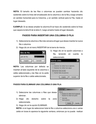 NOTA: El tamaño de las filas o columnas se pueden cambiar haciendo clic
sostenido sobre la línea del encabezado de la columna o de la fila y luego arrastra
en sentido horizontal para la Columna, y en sentido vertical para la Fila, hasta el
lugar deseado.
EJEMPLO: Si se desea ampliar la columna B se hace clic sostenido sobre la línea
que separa la letra B de la letra C, luego arrastra hasta el lugar deseado.
PASOS PARA INSERTAR UNA COLUMNA O FILA
1) Seleccione la columna o fila más cercana al lugar que desea insertar la nueva
fila o columna.
2) Haga clic en el menú INSERTAR de la barra de menús.
3) Haga clic en la opción columnas o
fila, teniendo en cuenta lo
seleccionado.
NOTA: Las columnas por defecto se
insertan al lado izquierdo de la columna o
celda seleccionada y las filas en la parte
superior de la fila o celda seleccionada.
PASOS PARA ELIMINAR UNA COLUMNA O UNA FILA
1) Seleccione las columnas o filas que desea
eliminar.
2) Haga clic derecho sobre la zona
seleccionada.
3) Haga clic en la opción ELIMINAR.
NOTA: si en lugar de seleccionar toda la fila o columna selecciona una o varias
celda en toces le aparece la siguiente ventana, entonces ya no puede realizar
 