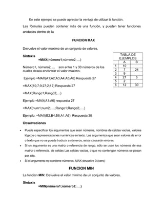 En este ejemplo se puede apreciar la ventaja de utilizar la función.
Las fórmulas pueden contener más de una función, y pueden tener funciones
anidadas dentro de la
FUNCION MAX
Devuelve el valor máximo de un conjunto de valores.
Sintaxis
=MAX(número1;número2; ...)
Número1, número2, ... son entre 1 y 30 números de los
cuales desea encontrar el valor máximo.
Ejemplo =MAX(A1;A2;A3;A4;A5;A6) Respuesta 27
=MAX(10;7;9;27;2;12) Respuesta 27
=MAX(Rango1;Rango2;…)
Ejemplo =MAX(A1:A6) respuesta 27
=MAX(num1;num2;….;Rango1;Rango2;….)
Ejemplo: =MAX(B2;B4;B6;A1:A6) Respuesta 30
Observaciones
• Puede especificar los argumentos que sean números, nombres de celdas vacías, valores
lógicos o representaciones numéricas en texto. Los argumentos que sean valores de error
o texto que no se puede traducir a números, estos causarán errores.
• Si un argumento es una matriz o referencia de rango, sólo se usan los números de esa
matriz o referencia. de celdas Las celdas vacías, o que no contengan números se pasan
por alto.
• Si el argumento no contiene números, MAX devuelve 0.(cero)
FUNCION MIN
La función MIN: Devuelve el valor mínimo de un conjunto de valores.
Sintaxis
=MIN(número1;número2; …)
TABLA DE
EJEMPLOS
A B
1 10
2 7 24
3 9
4 27 6
5 2
6 12 30
 