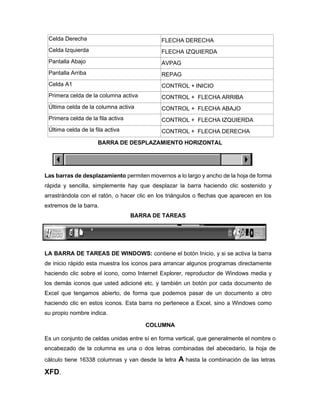 Celda Derecha FLECHA DERECHA
Celda Izquierda FLECHA IZQUIERDA
Pantalla Abajo AVPAG
Pantalla Arriba REPAG
Celda A1 CONTROL + INICIO
Primera celda de la columna activa CONTROL + FLECHA ARRIBA
Última celda de la columna activa CONTROL + FLECHA ABAJO
Primera celda de la fila activa CONTROL + FLECHA IZQUIERDA
Última celda de la fila activa CONTROL + FLECHA DERECHA
BARRA DE DESPLAZAMIENTO HORIZONTAL
Las barras de desplazamiento permiten movernos a lo largo y ancho de la hoja de forma
rápida y sencilla, simplemente hay que desplazar la barra haciendo clic sostenido y
arrastrándola con el ratón, o hacer clic en los triángulos o flechas que aparecen en los
extremos de la barra.
BARRA DE TAREAS
LA BARRA DE TAREAS DE WINDOWS: contiene el botón Inicio, y si se activa la barra
de inicio rápido esta muestra los iconos para arrancar algunos programas directamente
haciendo clic sobre el icono, como Internet Explorer, reproductor de Windows media y
los demás iconos que usted adicioné etc. y también un botón por cada documento de
Excel que tengamos abierto, de forma que podemos pasar de un documento a otro
haciendo clic en estos iconos. Esta barra no pertenece a Excel, sino a Windows como
su propio nombre indica.
COLUMNA
Es un conjunto de celdas unidas entre sí en forma vertical, que generalmente el nombre o
encabezado de la columna es una o dos letras combinadas del abecedario, la hoja de
cálculo tiene 16338 columnas y van desde la letra A hasta la combinación de las letras
XFD.
 