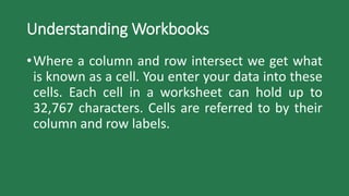 Understanding Workbooks
•Where a column and row intersect we get what
is known as a cell. You enter your data into these
cells. Each cell in a worksheet can hold up to
32,767 characters. Cells are referred to by their
column and row labels.
 