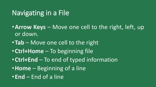 Navigating in a File
•Arrow Keys – Move one cell to the right, left, up
or down.
•Tab – Move one cell to the right
•Ctrl+Home – To beginning file
•Ctrl+End – To end of typed information
•Home – Beginning of a line
•End – End of a line
 