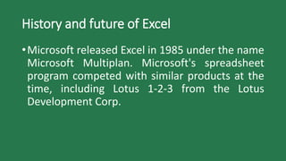 History and future of Excel
•Microsoft released Excel in 1985 under the name
Microsoft Multiplan. Microsoft's spreadsheet
program competed with similar products at the
time, including Lotus 1-2-3 from the Lotus
Development Corp.
 