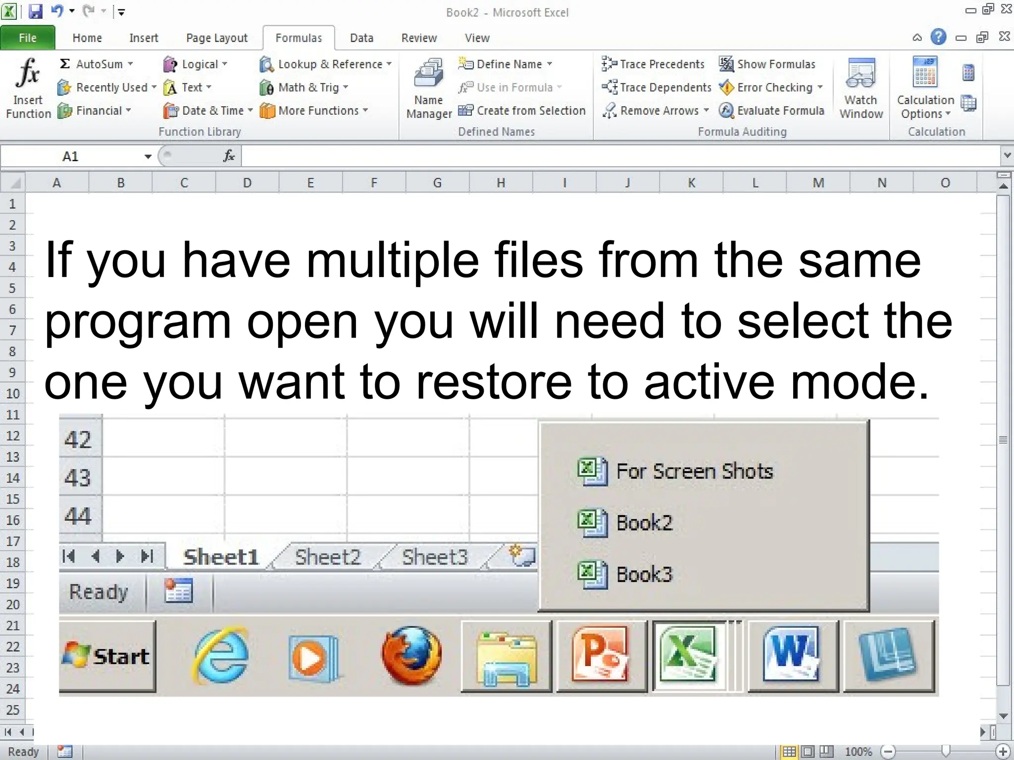 If you have multiple files from the same
program open you will need to select the
one you want to restore to active mode.
 