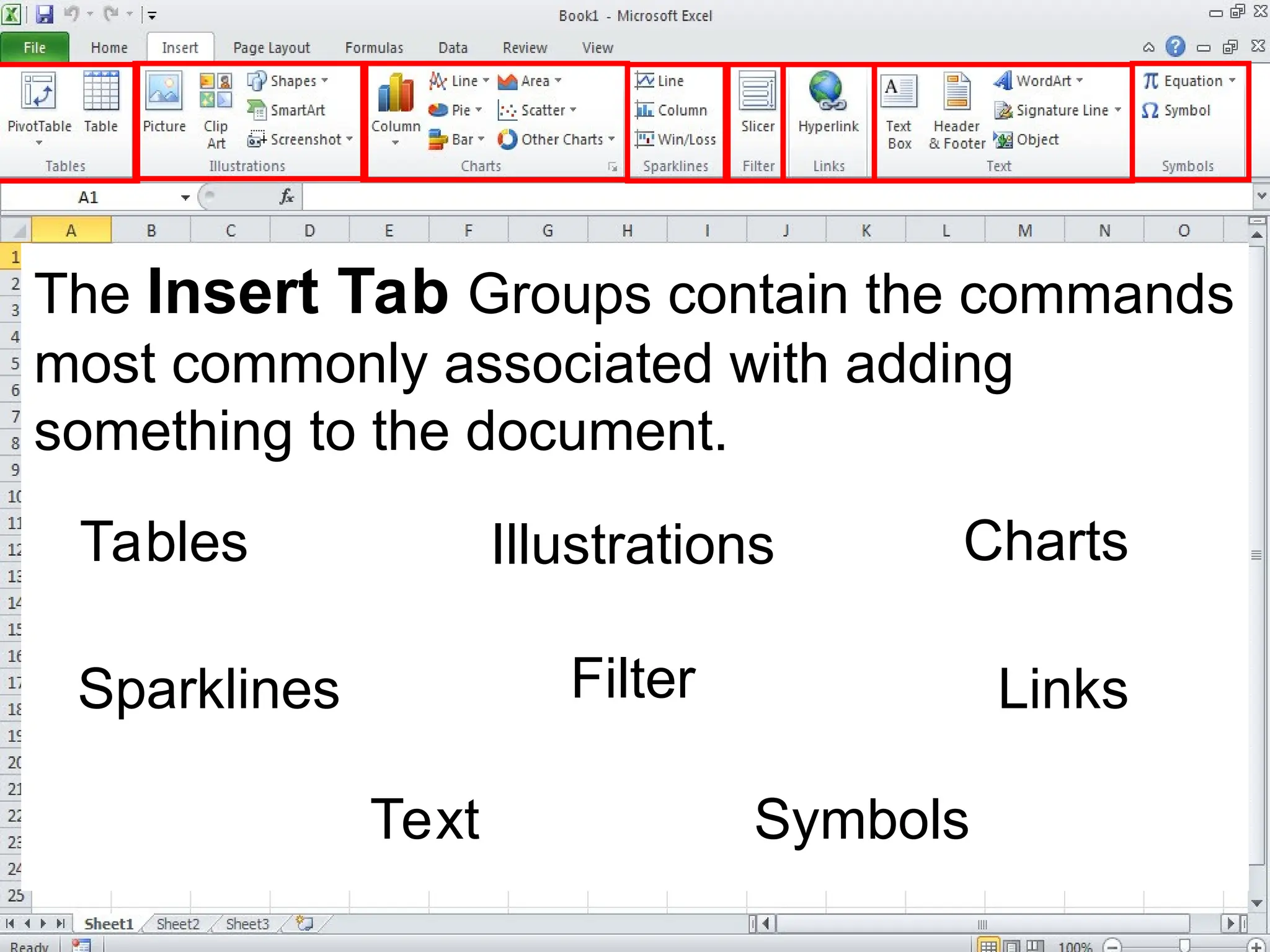 The Insert Tab Groups contain the commands
most commonly associated with adding
something to the document.
Tables Illustrations Charts
Sparklines Filter Links
Text Symbols
 