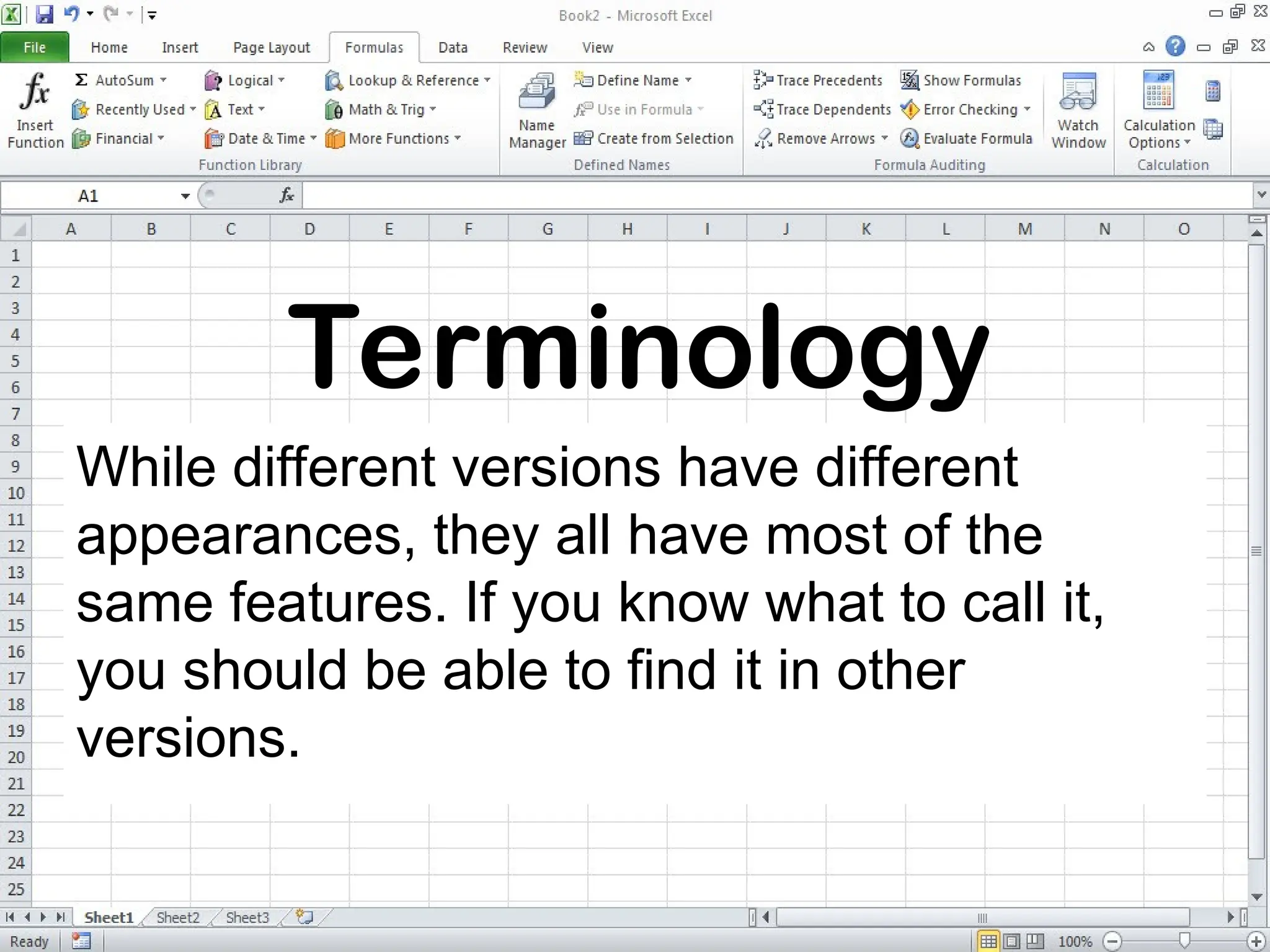 While different versions have different
appearances, they all have most of the
same features. If you know what to call it,
you should be able to find it in other
versions.
Terminology
 