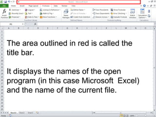 The area outlined in red is called the
title bar.
It displays the names of the open
program (in this case Microsoft Excel)
and the name of the current file.
 