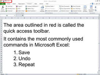 The area outlined in red is called the
quick access toolbar.
It contains the most commonly used
commands in Microsoft Excel:
1. Save
2. Undo
3. Repeat
 
