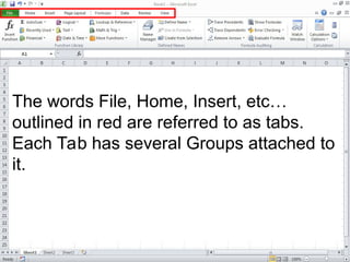 The words File, Home, Insert, etc…
outlined in red are referred to as tabs.
Each Tab has several Groups attached to
it.
 