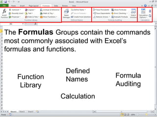 The Formulas Groups contain the commands
most commonly associated with Excel’s
formulas and functions.
Function
Library
Defined
Names
Formula
Auditing
Calculation
 