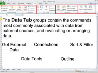 The Data Tab groups contain the commands
most commonly associated with data from
external sources, and evaluating or arranging
data.
Get External
Data
Connections Sort & Filter
Data Tools Outline
 