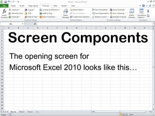 Screen Components
The opening screen for
Microsoft Excel 2010 looks like this…
 
