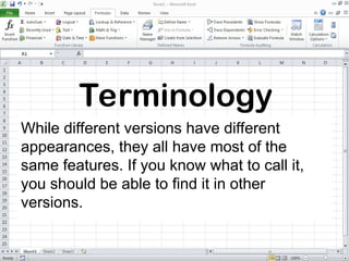 While different versions have different
appearances, they all have most of the
same features. If you know what to call it,
you should be able to find it in other
versions.
Terminology
 