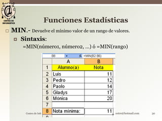 Funciones Estadísticas 
 MIN.- Devuelve el mínimo valor de un rango de valores. 
 Sintaxis: 
=MIN(número1, número2, …) ó =MIN(rango) 
Centro de Informática Luis_campos_silvestre@hotmail.com 30 
 
