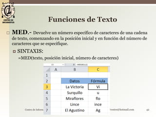 Funciones de Texto 
 MED.- Devuelve un número específico de caracteres de una cadena 
de texto, comenzando en la posición inicial y en función del número de 
caracteres que se especifique. 
 SINTAXIS: 
=MED(texto, posición inicial, número de caracteres) 
Centro de Informática Luis_campos_silvestre@hotmail.com 42 
 