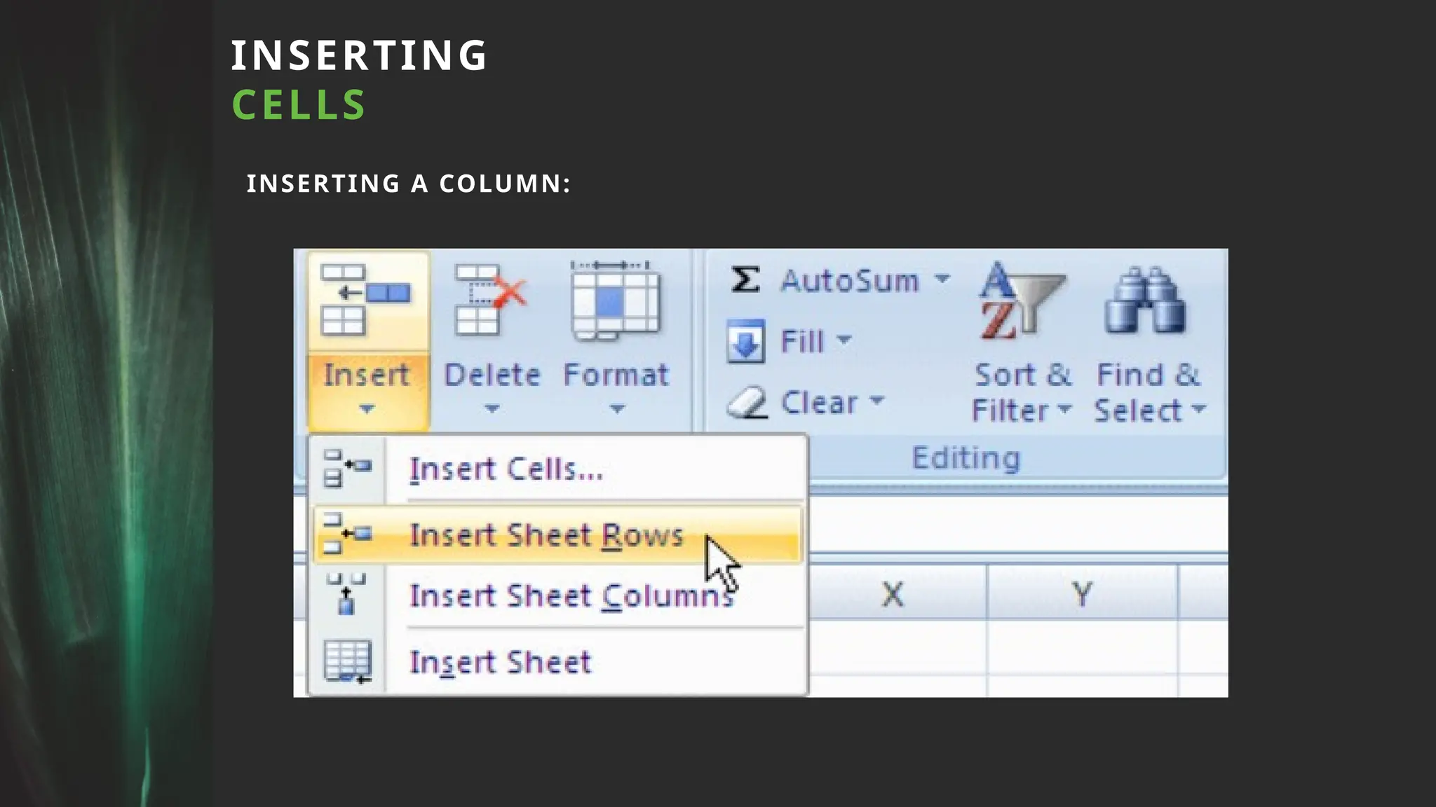 INSERTING
CELLS
INSERTING A COLUMN:
 