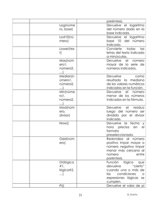 paréntesis.
Log(núme         Devuelve el logaritmo
ro, base)        del número dado en la
                 base indicada.
Lod10(nú         Devuelve el logaritmo
mero)            base 10 del número
                 indicado.
Lower(tex        Convierte     todas    las
t)               letras del texto indicado
                 a minúsculas.
Max(núm          Devuelve el número
ero1,            mayor de la serie de
número2,         números indicados.
…)
Median(n         Devuelve           como
úmero1,          resultado la mediana
número2,         de los valores numéricos
…)               indicados en la función.
Min(núme         Devuelve el número
ro1,             menor de los números
número2,         indicados en la fórmula.
…)
Mod(núm          Devuelve      el   residuo
ero,             luego del número ser
divisor)         dividido por el divisor
                 indicado.
Now()            Devuelve la fecha y
                 hora precisa en el
                 formato
                 preseleccionado.
Odd(núm          Redondea al número
ero)             positivo impar mayor o
                 número negativo impar
                 menor más cercano al
                 número               entre
                 paréntesis.
Or(lógica        Función     lógica     que
#1,              devuelve          “cierto”
lógica#2,        cuando una o más de
…)               las    condiciones       o
                 expresiones lógicas se
                 cumplen.
Pi()             Devuelve el valor de pi

            21                 R. Padilla
 