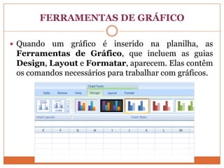 FERRAMENTAS DE GRÁFICOQuando um gráfico é inserido na planilha, as Ferramentas de Gráfico, que incluem as guias Design, Layout e Formatar, aparecem. Elas contêm os comandos necessários para trabalhar com gráficos.