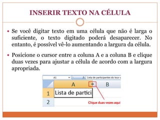 INSERIR TEXTO NA CÉLULASe você digitar texto em uma célula que não é larga o suficiente, o texto digitado poderá desaparecer. No entanto, é possível vê-lo aumentando a largura da célula.Posicione o cursor entre a coluna A e a coluna B e clique duas vezes para ajustar a célula de acordo com a largura apropriada. 