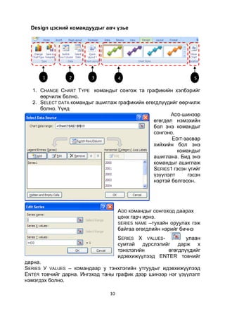 Design цэсний командуудыг авч үзье




      1         2       3           4                           5

  1. CHANGE CHART TYPE командыг сонгож та графикийн хэлбэрийг
     өөрчилж болно.
  2. SELECT DATA командыг ашиглаж графикийн өгөгдлүүдийг өөрчилж
     болно. Үүнд
                                                      ADD-шинээр
                                               өгөгдөл нэмэхийн
                                               бол энэ командыг
                                               сонгоно.
                                                      EDIT-засвар
                                               хийхийн бол энэ
                                                        командыг
                                               ашиглана. Бид энэ
                                               командыг ашиглаж
                                               SERIES1 гэсэн үгийг
                                               үзүүлэлт      гэсэн
                                               нэртэй болгосон.




                                    ADD командыг сонгоход даарах
                                    цонх гарч ирнэ.
                                    SERIES NAME –тухайн оруулах гэж
                                    байгаа өгөгдлийн нэрийг бичнэ
                                    SERIES X VALUES-        улаан
                                    сумтай дүрслэлийг дарж х
                                    тэнхлэгийн       өгөгдлүүдийг
                                    идэвхижүүлээд ENTER товчийг
дарна.
SERIES У VALUES – командаар у тэнхлэгийн утгуудыг идэвхижүүлээд
ENTER товчийг дарна. Ингэхэд таны график дээр шинээр нэг үзүүлэлт
нэмэгдэх болно.

                               10
 