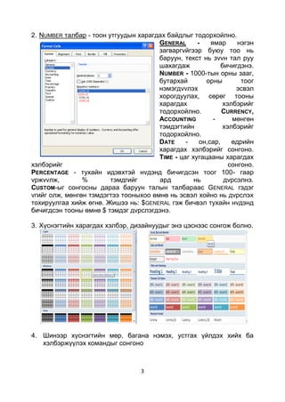 2. NUMBER талбар - тоон утгуудын харагдах байдлыг тодорхойлно.
                                       GENERAL      -    ямар     нэгэн
                                       загваргvйгээр буюу тоо нь
                                       баруун, текст нь зvvн тал руу
                                       шахагдаж             бичигдэнэ.
                                       NUMBER - 1000-тын орны зааг,
                                       бутархай        орны        тоог
                                       нэмэгдvvлэх               эсвэл
                                       хорогдуулах, сөрөг тооны
                                       харагдах              хэлбэрийг
                                       тодорхойлно.          CURRENCY,
                                       ACCOUNTING         -     мөнгөн
                                       тэмдэгтийн            хэлбэрийг
                                       тодорхойлно.
                                       DATE     -    он,сар,    өдрийн
                                       харагдах хэлбэрийг сонгоно.
                                       TIME - цаг хугацааны харагдах
хэлбэрийг                                                      сонгоно.
PERCENTAGE - тухайн идэвхтэй нvдэнд бичигдсэн тоог 100- гаар
vржvvлж,        %        тэмдгийг      ард         нь        дvрсэлнэ.
CUSTOM-ыг сонгосны дараа баруун талын талбараас GENERAL гэдэг
vгийг олж, мөнгөн тэмдэгтээ тооныхоо өмнө нь эсвэл хойно нь дvрслэх
тохируулгаа хийж өгнө. Жишээ нь: $GENERAL гэж бичвэл тухайн нvдэнд
бичигдсэн тооны өмнө $ тэмдэг дvрслэгдэнэ.

3. Хүснэгтийн харагдах хэлбэр, дизайнуудыг энэ цэснээс сонгож болно.




4. Шинээр хүснэгтийн мөр, багана нэмэх, устгах үйлдэх хийх ба
   хэлбэржүүлэх командыг сонгоно



                                   3
 