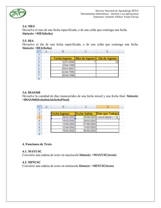 Servicio Nacional de Aprendizaje SENA
                                              Herramientas informáticas - internet y sus aplicaciones
                                                         Instructor: Gerardo Alfonso Verjel Clavijo


3.4. MES
Devuelve el mes de una fecha especificada, o de una celda que contenga una fecha.
Sintaxis: =MES(fecha)

3.5. DIA
Devuelve el día de una fecha especificada, o de una celda que contenga una fecha.
Sintaxis: =DIA(fecha)




3.6. DIAS360
Devuelve la cantidad de días transcurridos de una fecha inicial y una fecha final. Sintaxis:
=DIAS360(fechaInicial,fechaFinal)




4. Funciones de Texto

4.1. MAYUSC
Convierte una cadena de texto en mayúscula Sintaxis: =MAYUSC(texto)

4.2. MINUSC
Convierte una cadena de texto en minúscula Sintaxis: =MINUSC(texto)
 