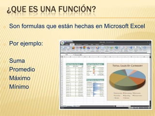 ¿QUE ES UNA FUNCIÓN?
o   Son formulas que están hechas en Microsoft Excel

o   Por ejemplo:

o   Suma
o   Promedio
o   Máximo
o   Mínimo
 