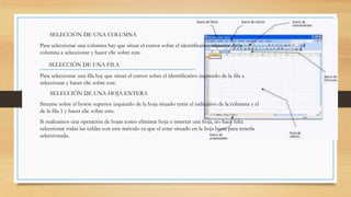SELECCIÓN DE UNA COLUMNA
Para seleccionar una columna hay que situar el cursor sobre el identificativo superior de la
columna a seleccionar y hacer clic sobre este.
SELECCIÓN DE UNA FILA

Para seleccionar una fila hay que situar el cursor sobre el identificativo izquierdo de la fila a
seleccionar y hacer clic sobre este.
SELECCIÓN DE UNA HOJA ENTERA
Situarse sobre el botón superior izquierdo de la hoja situado entre el indicativo de la columna y el
de la fila 1 y hacer clic sobre este.

Si realizamos una operación de hojas como eliminar hoja o insertar una hoja, no hace falta
seleccionar todas las celdas con este método ya que el estar situado en la hoja basta para tenerla
seleccionada.

 