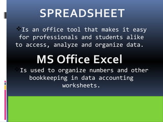 Is an office tool that makes it easy
for professionals and students alike
to access, analyze and organize data.
SPREADSHEET
MS Office Excel
Is used to organize numbers and other
bookkeeping in data accounting
worksheets.
 
